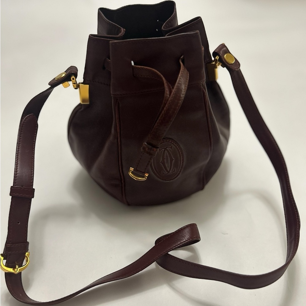 Cartier Rich Brown Leather Interior Drawstring Bag